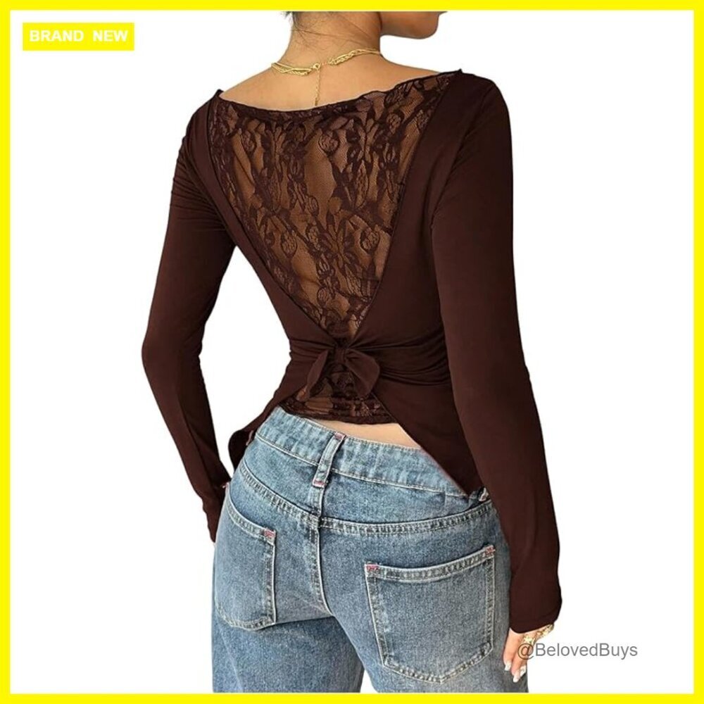 Long Sleeve Lace Top Slim Fit Sheer Asymmetrical Boat Neck Date Night